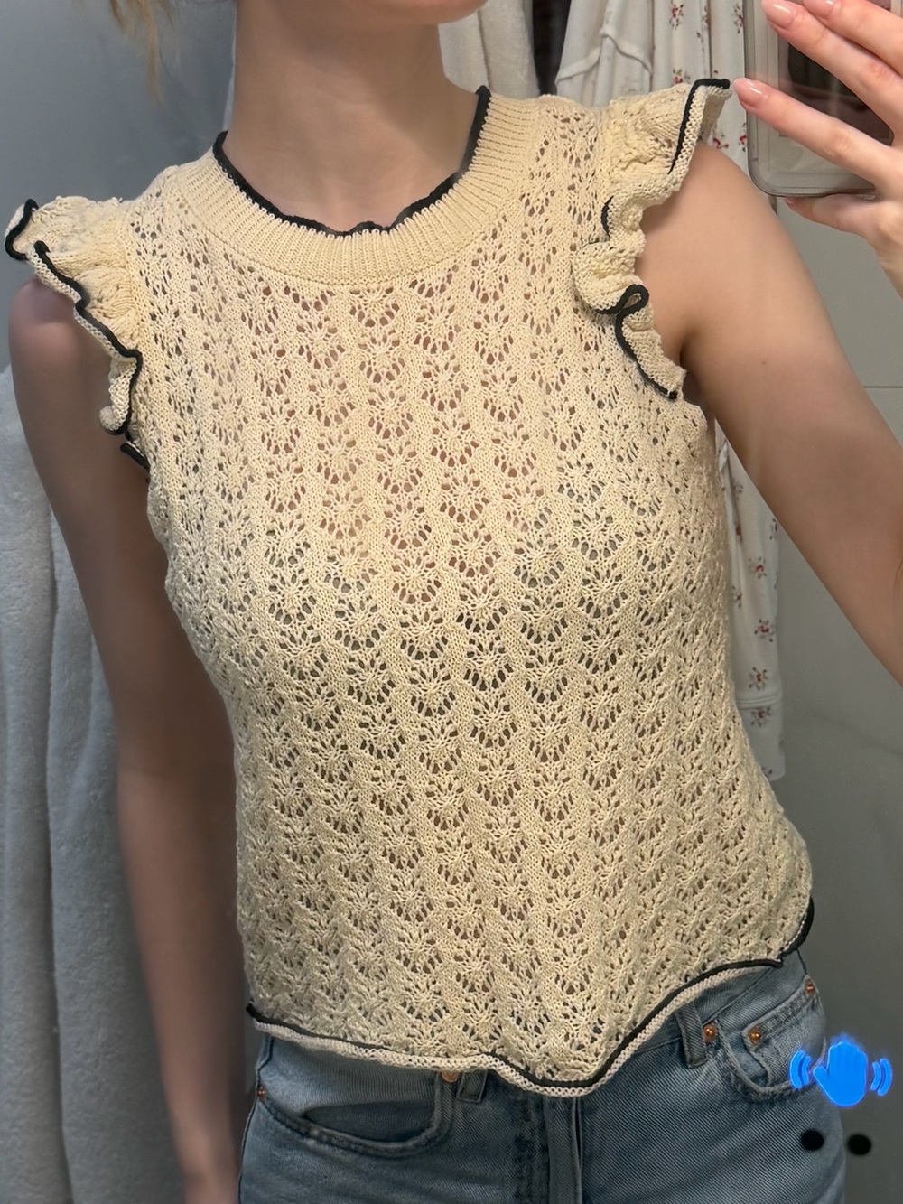 Reserved Cream Crochet Knit Ruffle Sleeve Top – Size S